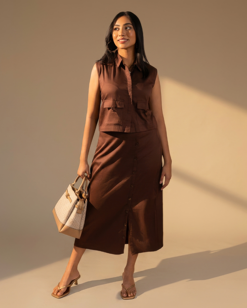 Juan Double Pocket Cropped Shirt and High Waisted Two Piece Skirt Set