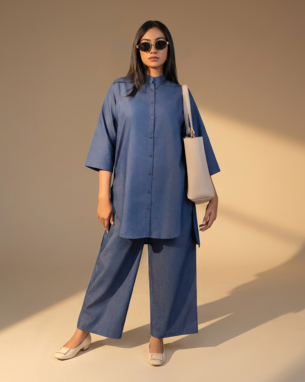 Octaviya Linen Blend Chinese Collar Shirt & Pants Set