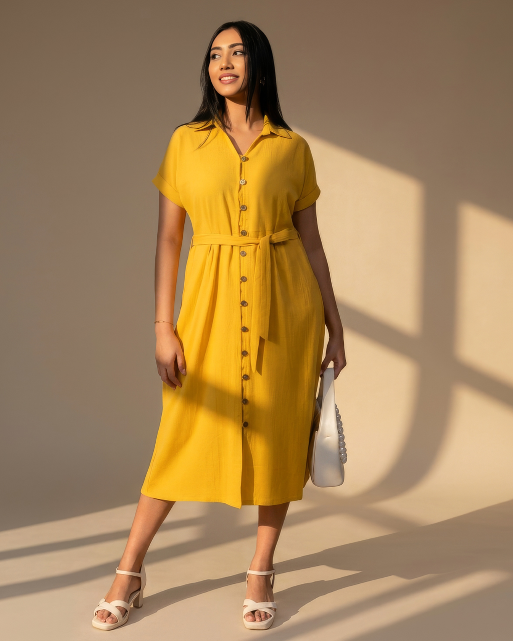 Esra Button Down Short Sleeve Midi Dress With Shirt Collar