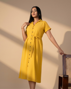 Esra Button Down Short Sleeve Midi Dress With Shirt Collar