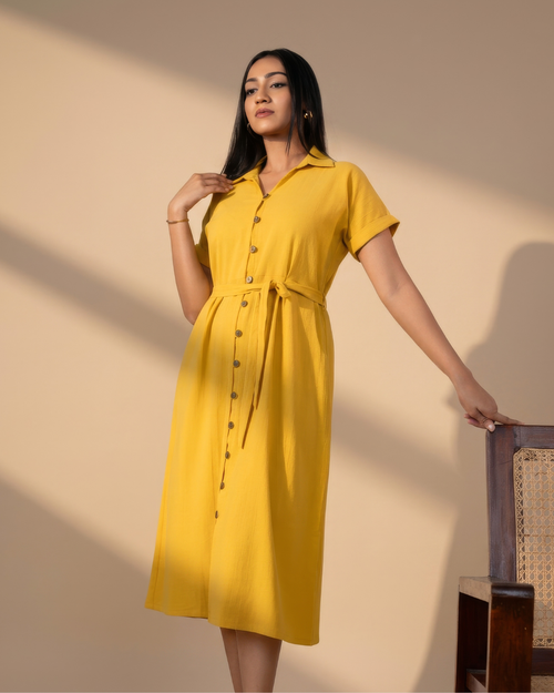 Esra Button Down Short Sleeve Midi Dress With Shirt Collar