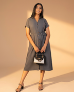 Esra Button Down Short Sleeve Midi Dress With Shirt Collar