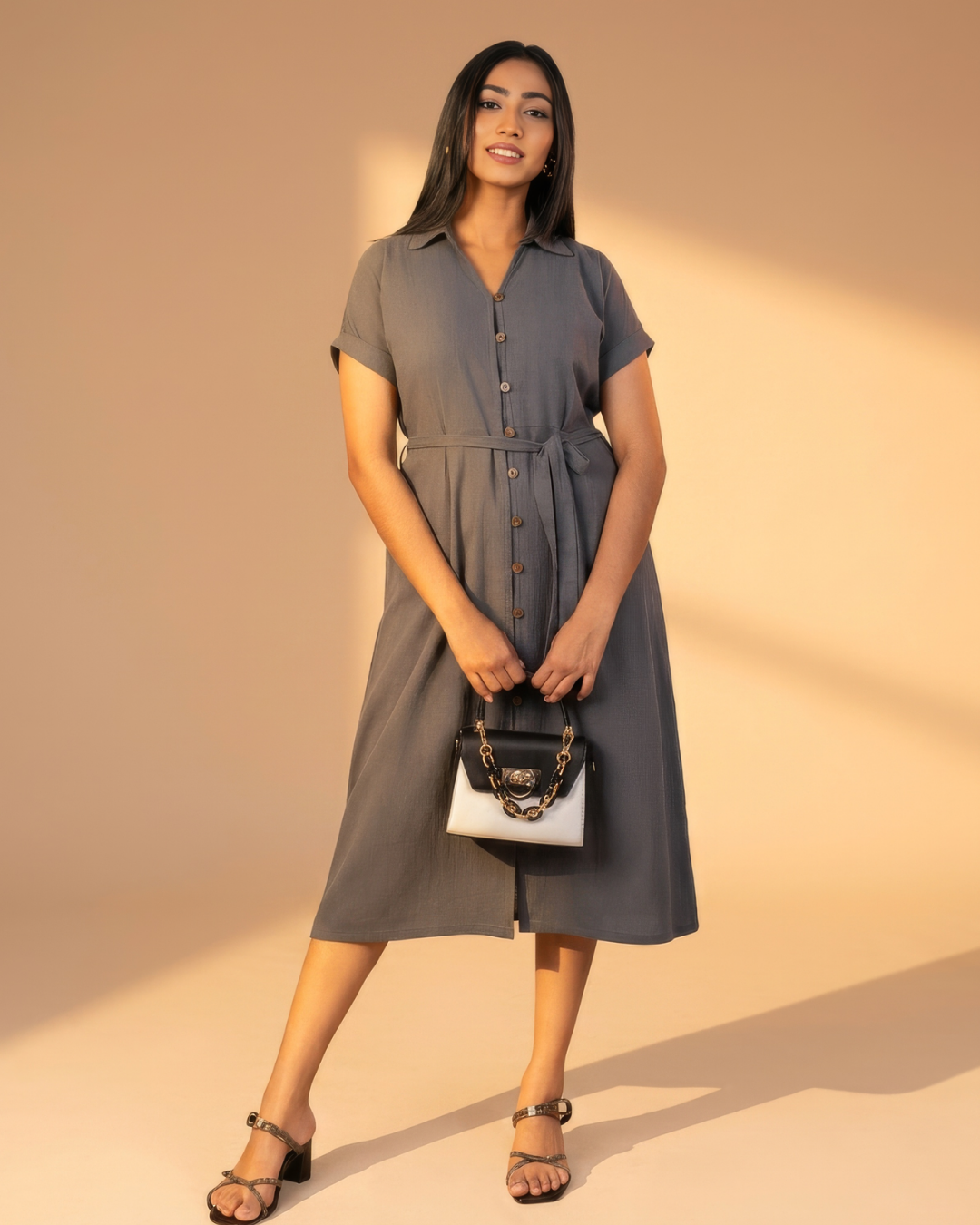 Esra Button Down Short Sleeve Midi Dress With Shirt Collar